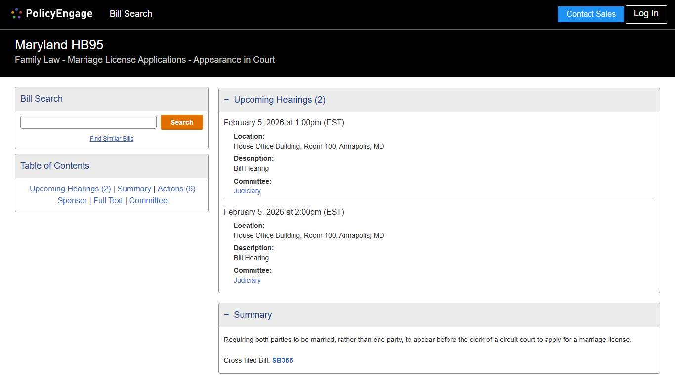 HB95 Maryland 2026 Family Law - Marriage License Applications - Appearance in Court - Legislative Tracking PolicyEngage